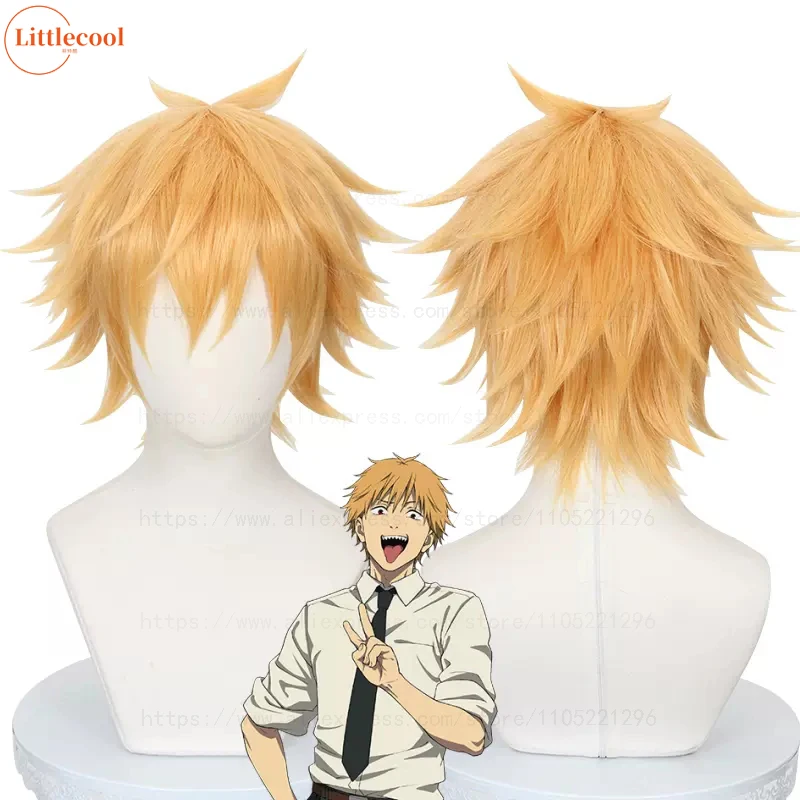 High Quality Denji Cosplay Wig Short Layered Golden Heat Resistant Synthetic Hair Halloween Carnival Anime Wigs + Wig Cap