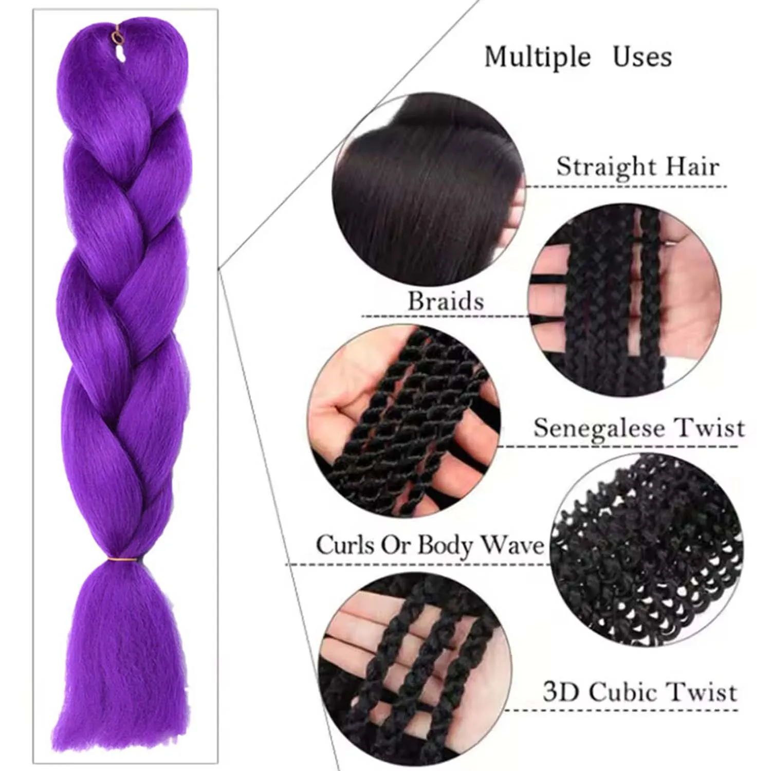 Synthetic 24inch Long Purple Braiding Hair Extensions for Braids Ru mi Braiding Hair for Stage Party Cosplay,Multi-colored Braid