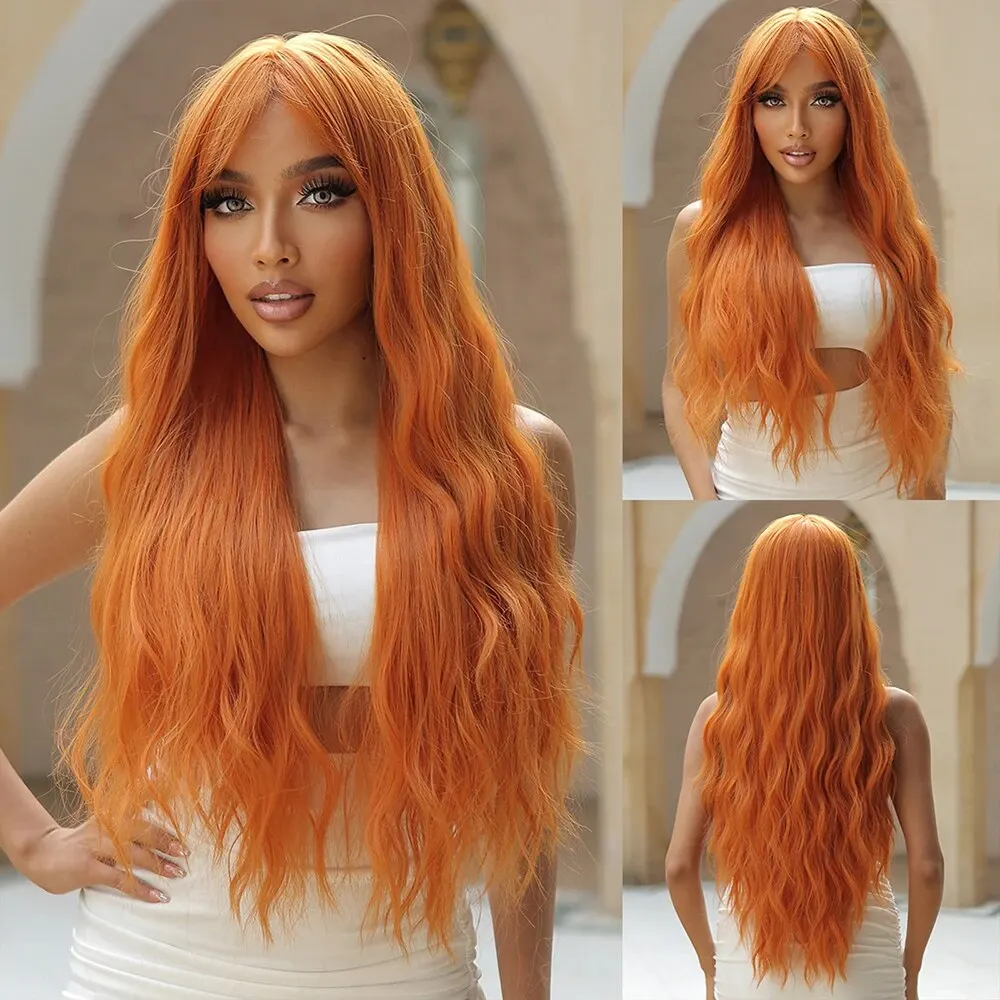 Long Water Wave Orange Synthetic Wigs for Women Wavy Natural Hair Wigs with Long Bangs Cosplay Party Wigs Heat Resistant