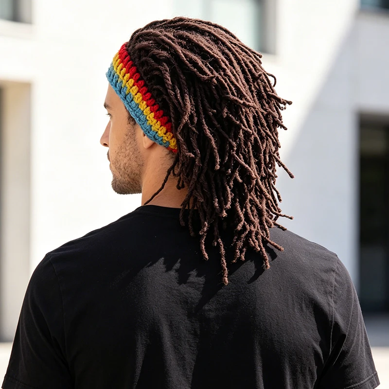 Funny Crochet Dreadlock Wig Hat with Rainbow Headband, Synthetic Fiber for Reggae Music Festival, Carnival Party & Cosplay