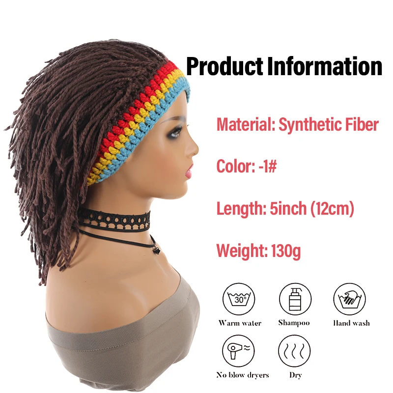 Funny Crochet Dreadlock Wig Hat with Rainbow Headband, Synthetic Fiber for Reggae Music Festival, Carnival Party & Cosplay