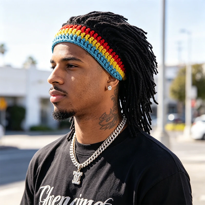 Funny Crochet Dreadlock Wig Hat with Rainbow Headband, Synthetic Fiber for Reggae Music Festival, Carnival Party & Cosplay