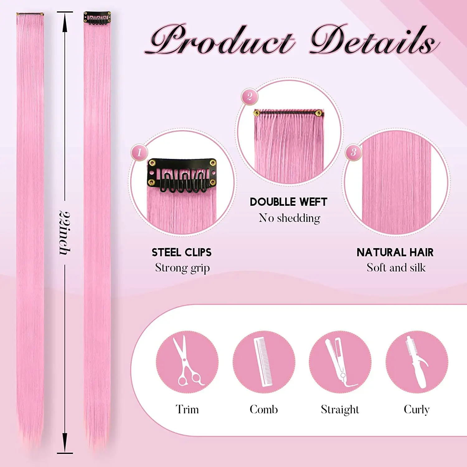 22 Inch Hair Extensions Clip ins, 6/12 Pcs Pink Hair Extensions Colored Hair Extensions Party Highlights Long synthetic Hair