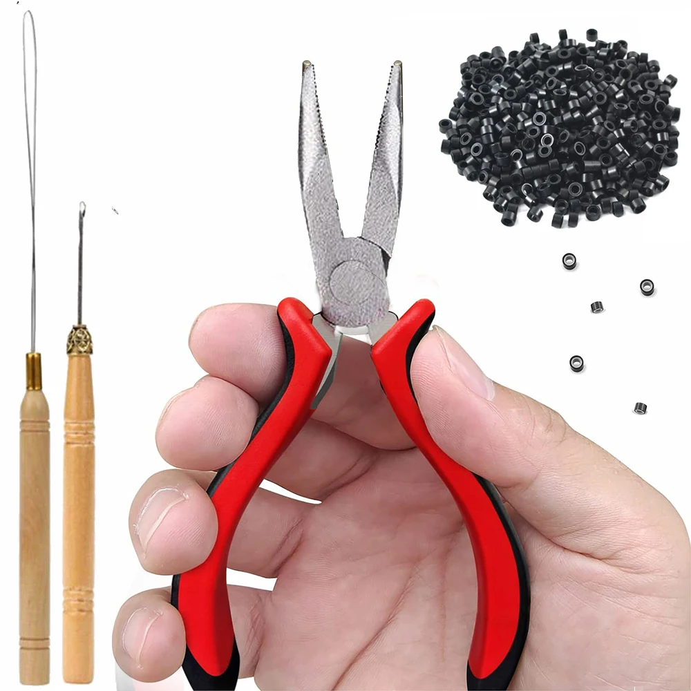 Hair Extensions Kit Threader Pulling Hook & Pliers & 100pcs silicone Rings One Set For Beads Hair Extensions