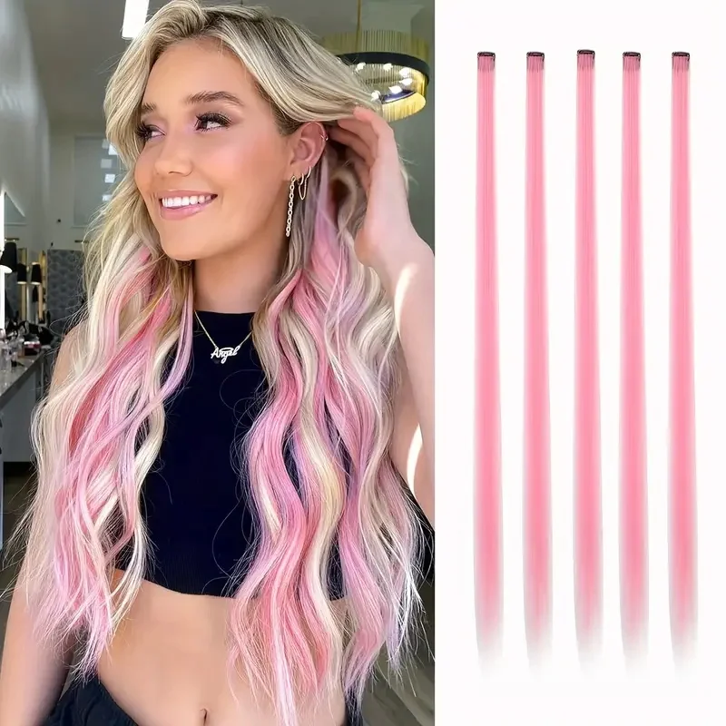 Synthetic 22Inch 5 Pcs/Pack Ombre Colors Hair Extensions Clip In Rainbow Hairpiece Heat Resistant Hair for Women
