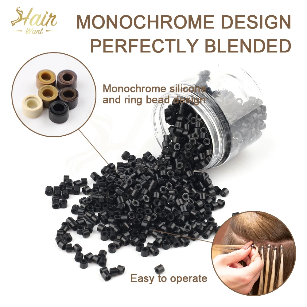 Hair Want 1000Pcs 4mm Silicone Micro Links Beads Hair Extension Invisible Beads for Sewing In Extensions Hair Tinsel Extensions