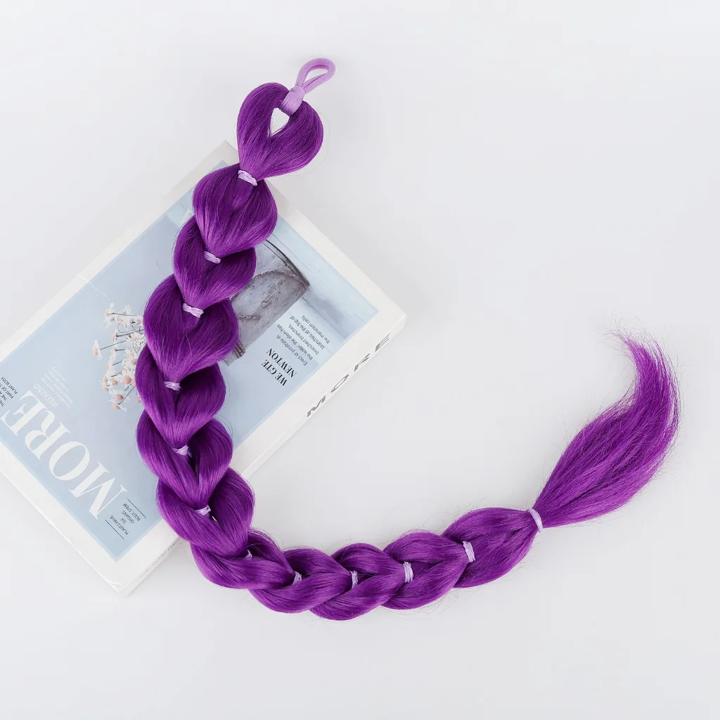 Synthetic Braids Purple Hair Ponytail Costume Hairstyle 24 Inch Long Ponytail with Clips for Kids Girls Halloween Christma Kpop