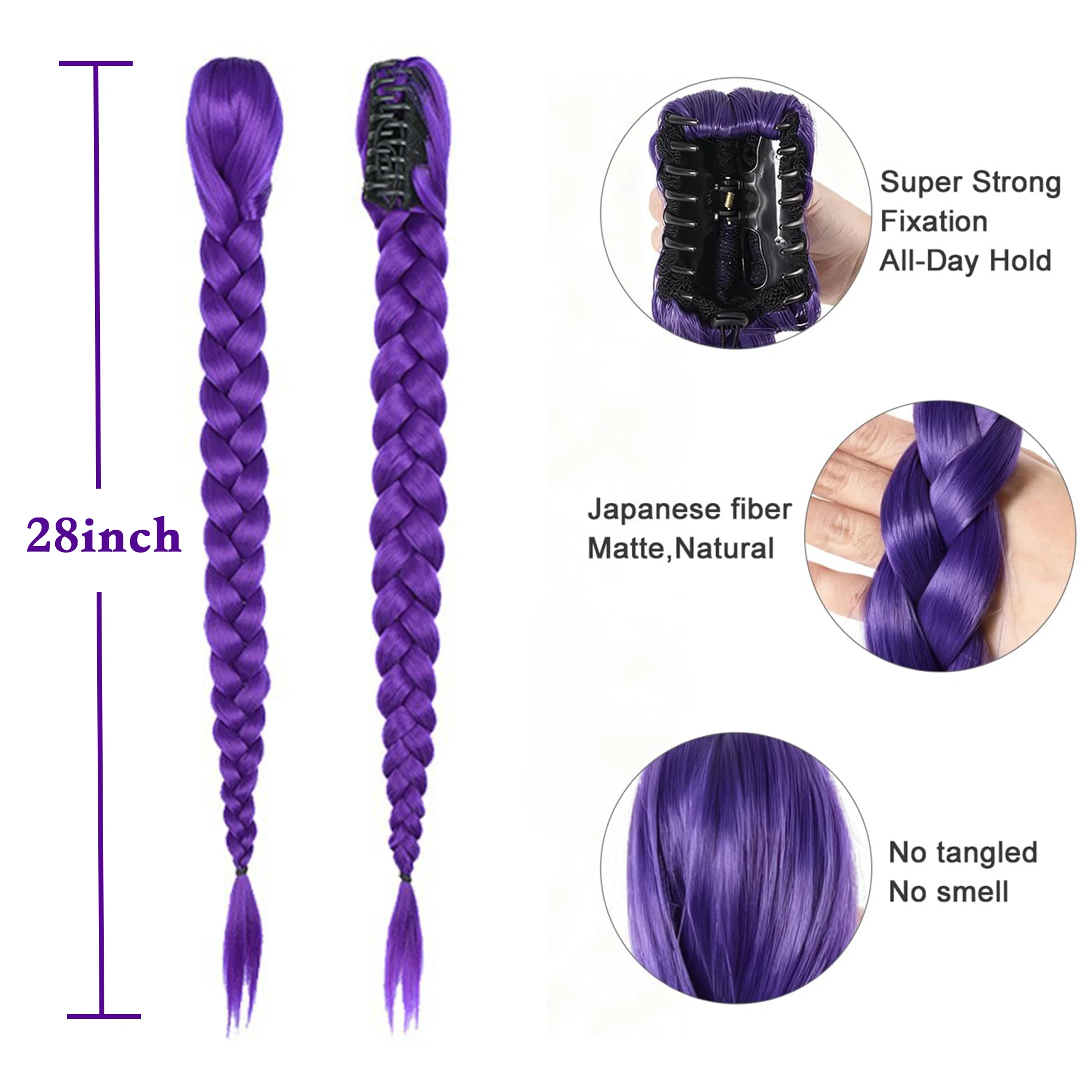 Purple 26inch Braid Clip in Ponytail Hair Extension Long Ponytail Hairpieces Cosplay for Kids Girl Halloween Christmas