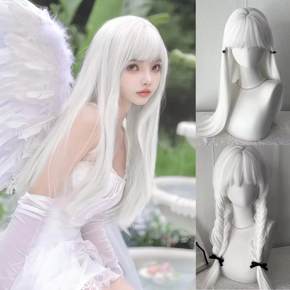 White Synthetic Wig for Straight Hair, Halloween Cosplay Wig, Role-Playing Costume Party, High-Temperature Hair Accessory