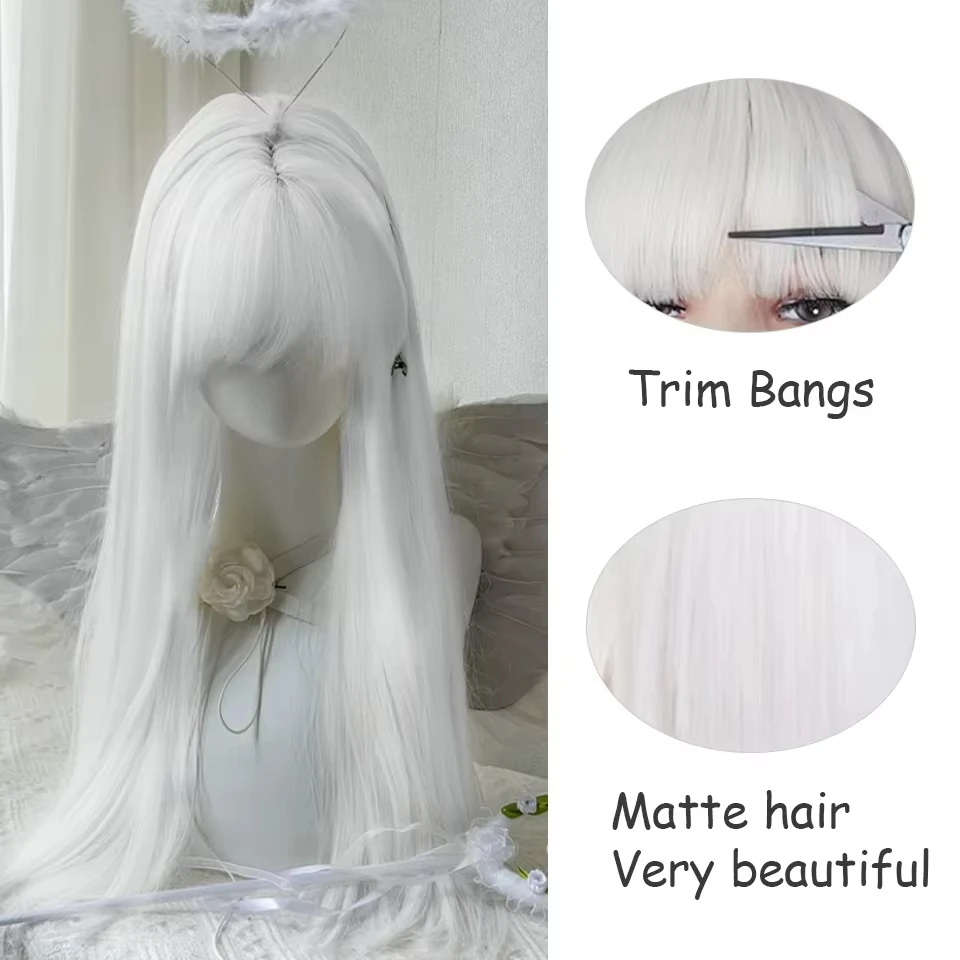 White Synthetic Wig for Straight Hair, Halloween Cosplay Wig, Role-Playing Costume Party, High-Temperature Hair Accessory
