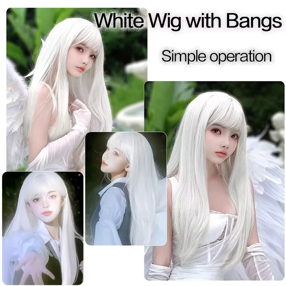 White Synthetic Wig for Straight Hair, Halloween Cosplay Wig, Role-Playing Costume Party, High-Temperature Hair Accessory