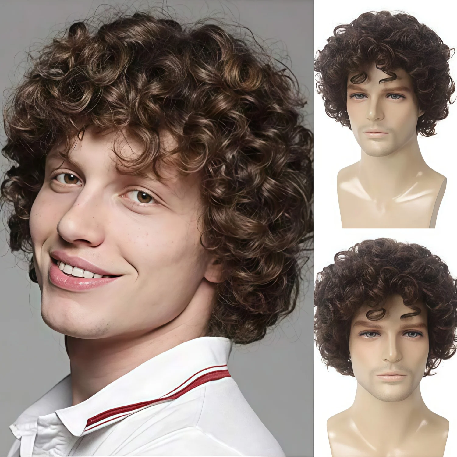 Brown Curly Short African-Style Wig, Suitable for Men, California Style, Role-Playing Costume Synthetic Fiber Material Wig