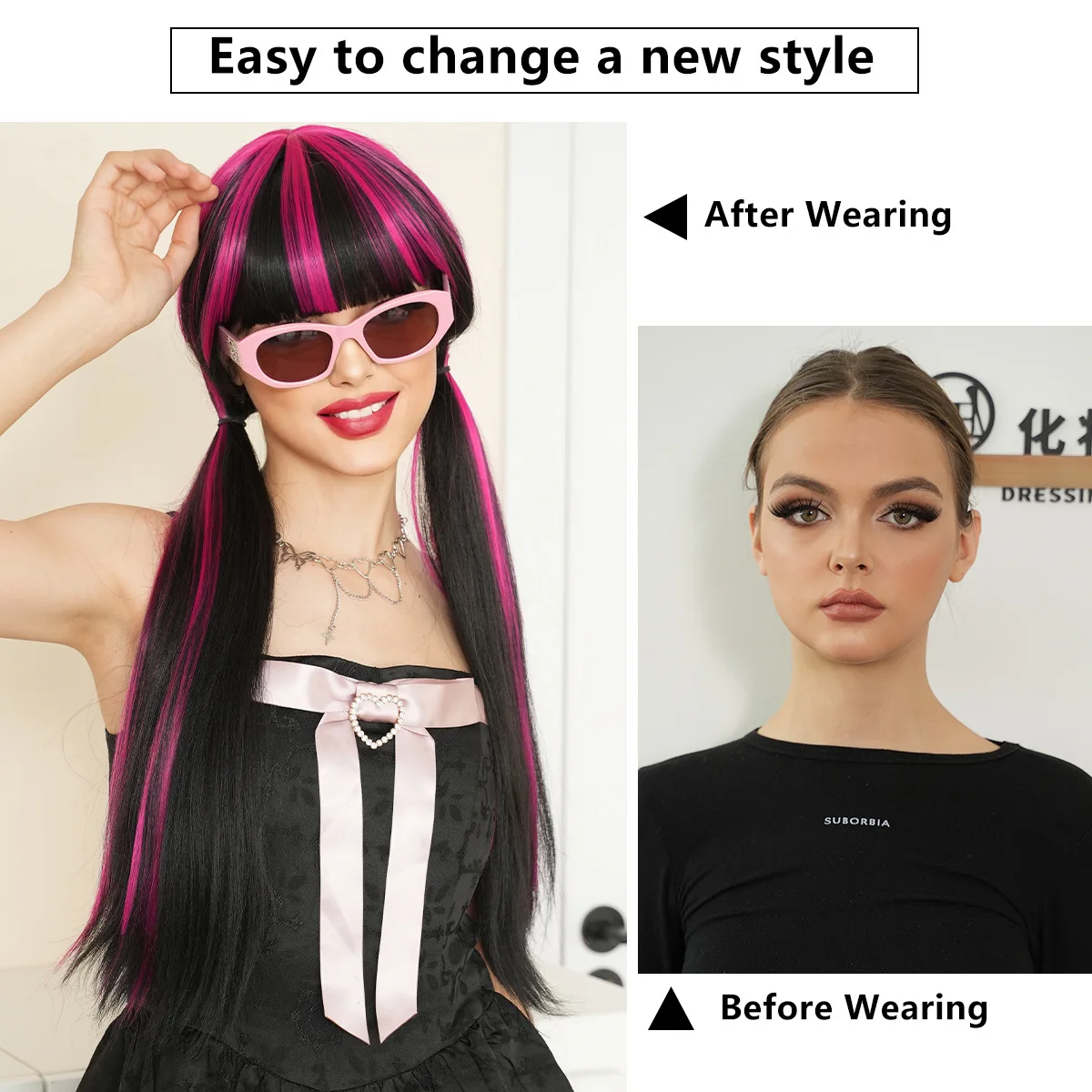 Black Rose Long Straight Synthetic Wig | Braided | Animated Character for Draculaura Halloween Vampire RPG Wig