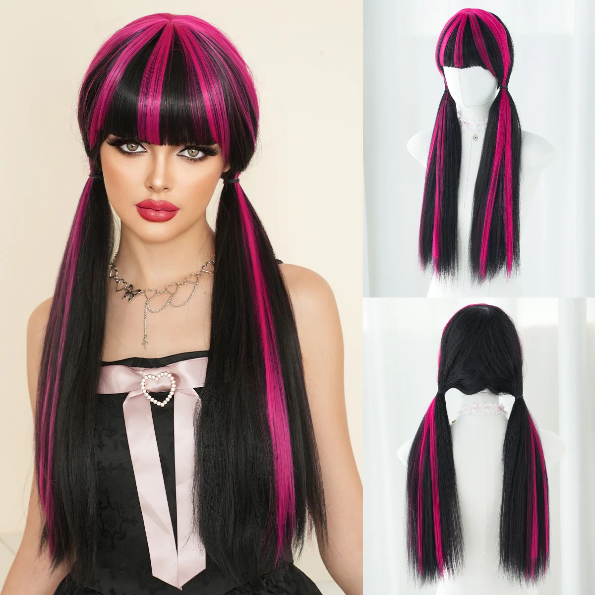 Black Rose Long Straight Synthetic Wig | Braided | Animated Character for Draculaura Halloween Vampire RPG Wig