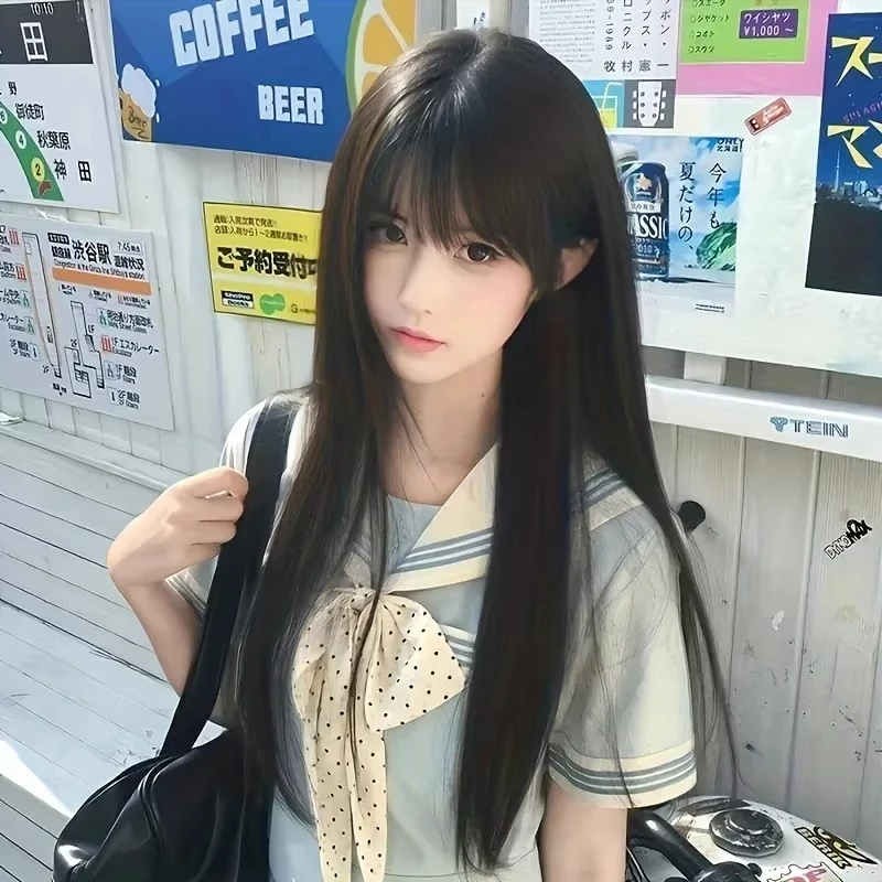 Best-selling Black Synthetic Straight Long Wig for Halloween Cosplay and Daily Use, High-Temperature Silk Wig Set