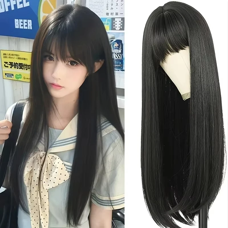 Best-selling Black Synthetic Straight Long Wig for Halloween Cosplay and Daily Use, High-Temperature Silk Wig Set