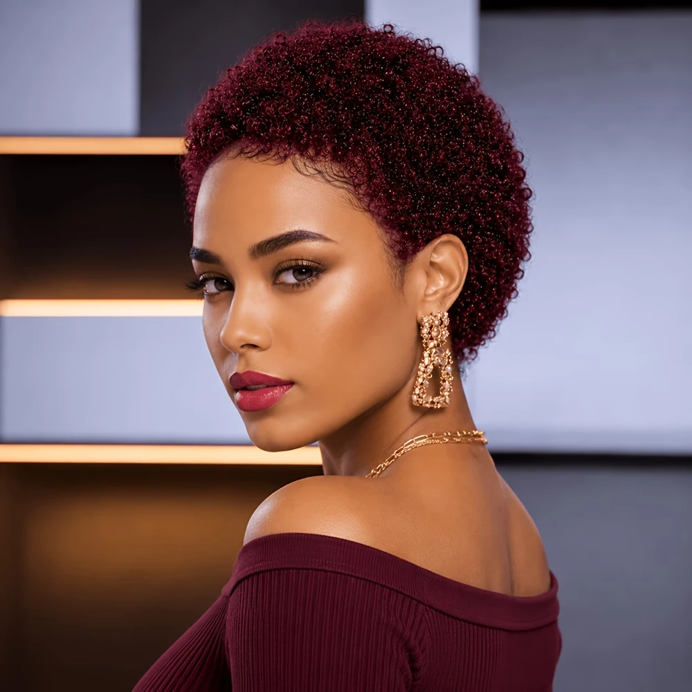 Short Kinky Curly Wigs Pixie Cut Wigs Human Hair for Women Bazilian Hair Machine Made Cap Natural Black/Brown/Burgundy Color Wig