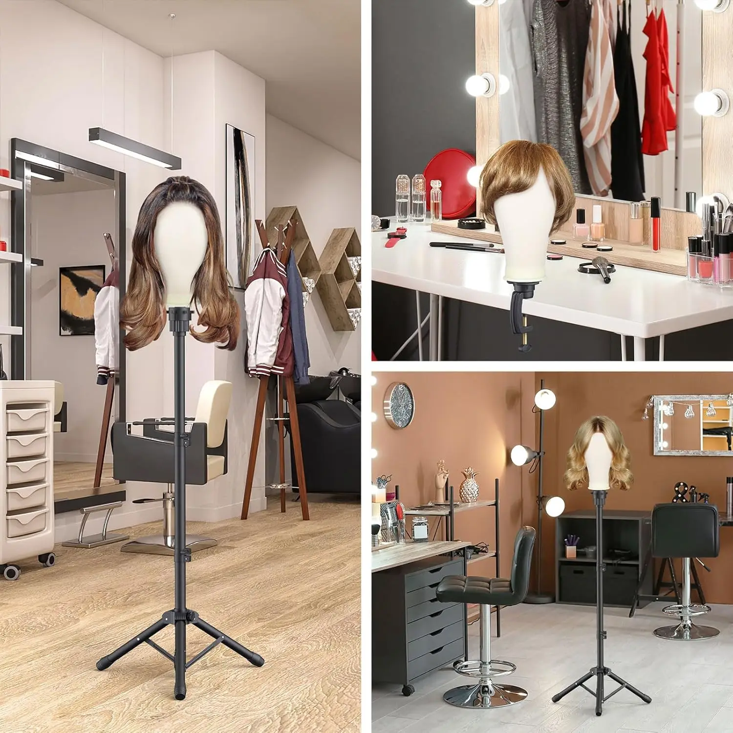 22 Inches Canvas Mannequin Head with Tripod Stand Wig Cap T Pins Rat for Wig Making Practice Styling Training Display