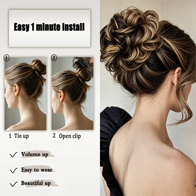 Synthetic Short Curly Messy Hair Bun Short Curly Extension Claw Clip Hair Scrunchies Hairpiece for Women Daily Use