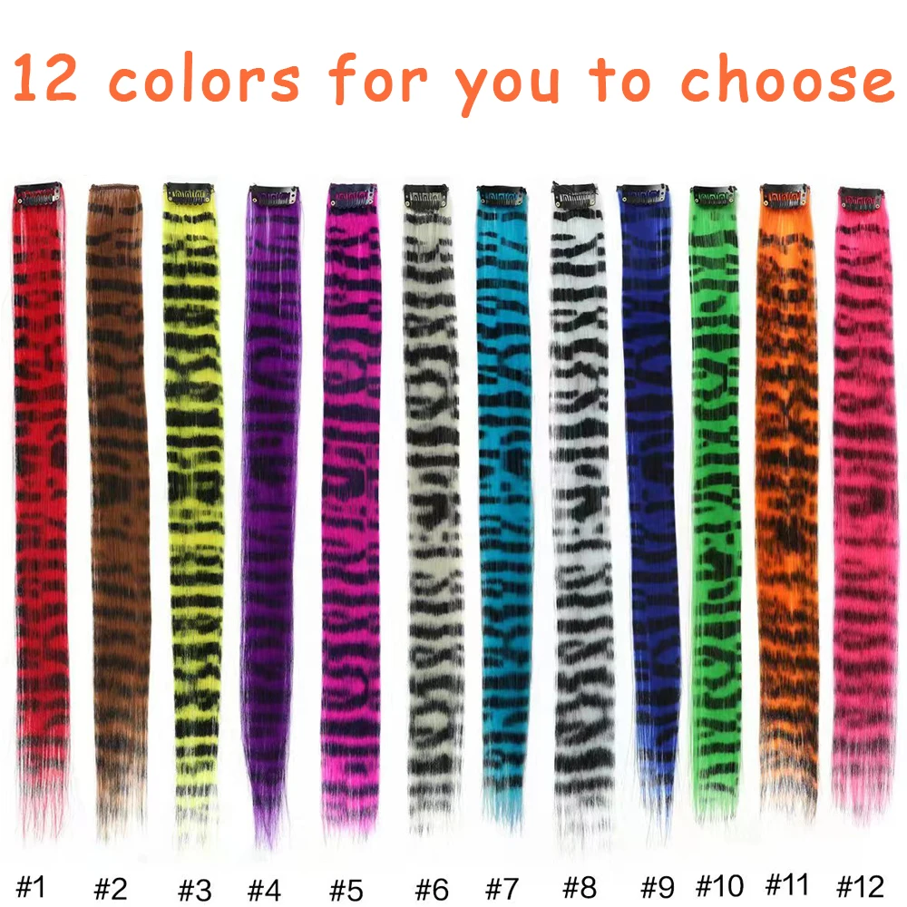 5pcs/set Stripe Printed Hair Colorful Long Straight Hair Pieces Synthetic Clip-in Hair Extensions for Daily Use Party Christmas