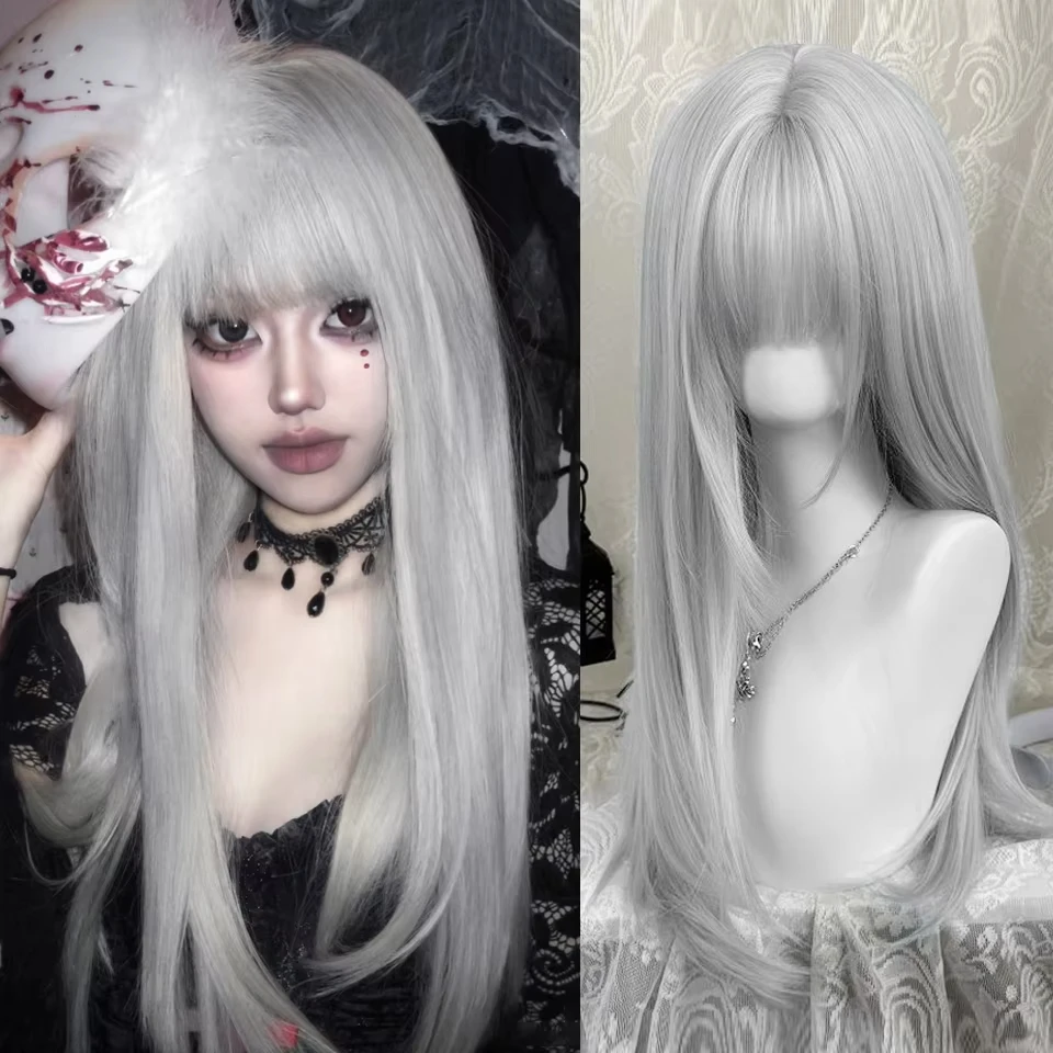 Silver-gray Straight Hair Synthetic Wig for Party, Halloween Cosplay, Role-playing, Daily Use, High-temperature Hair Accessory