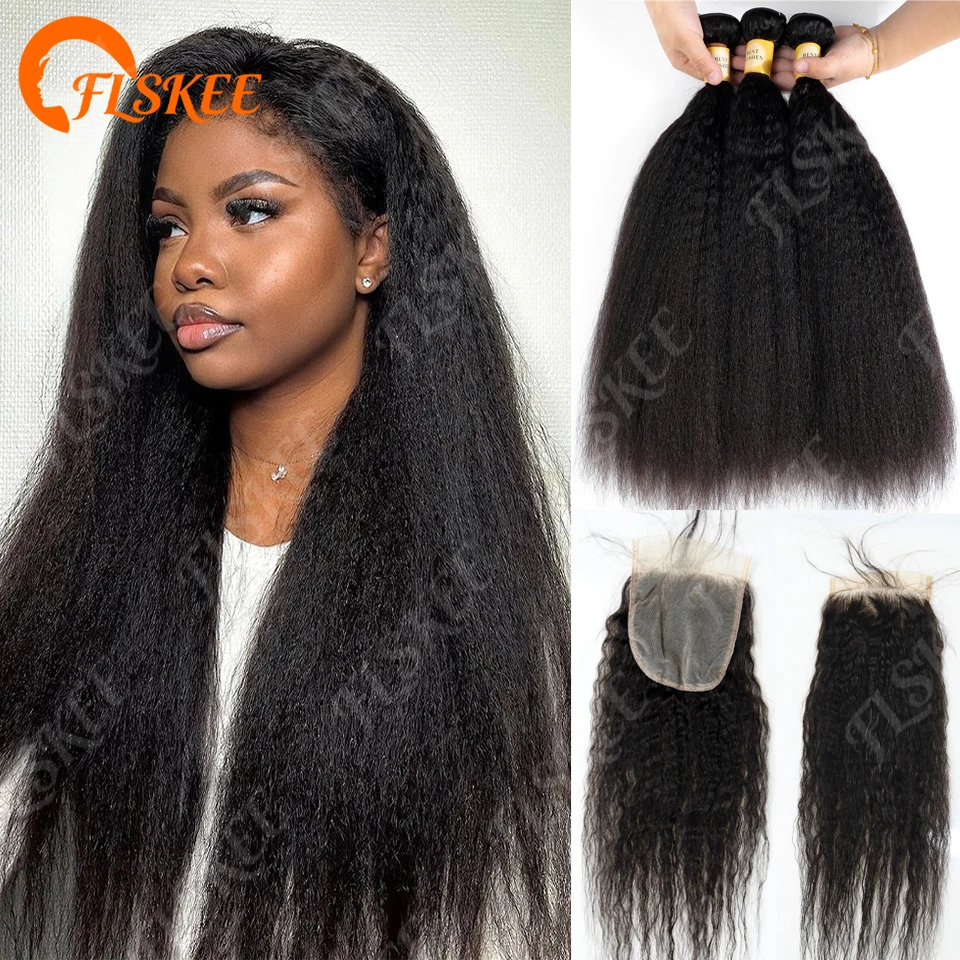FLSKEE 100% Human Hair Bundles With Closure Kinky Straight Peruvian Raw 3 Bundle With 4x4 Lace Closure Yaki Straight Weave And Closure