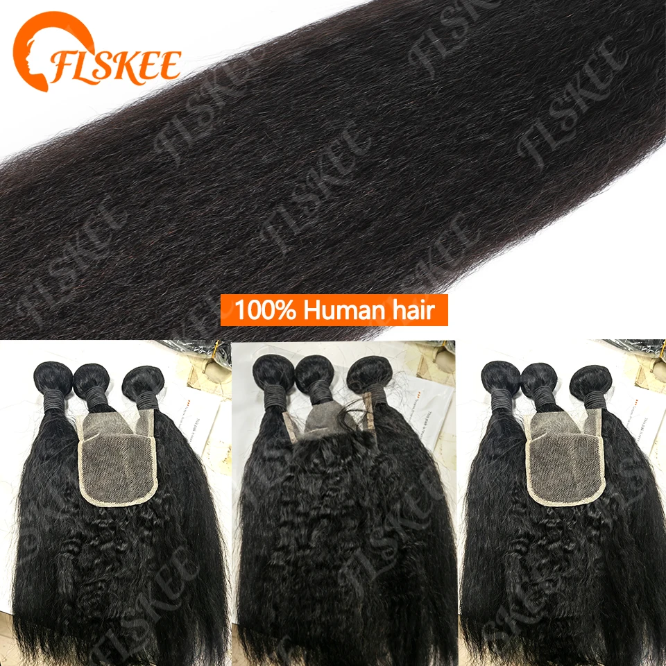 FLSKEE 100% Human Hair Bundles With Closure Kinky Straight Peruvian Raw 3 Bundle With 4x4 Lace Closure Yaki Straight Weave And Closure