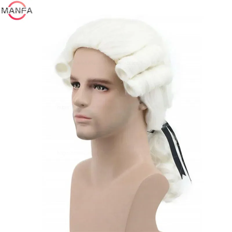 Lawyer Judge Baroque Cosplay Wig Curly Grey White Black Deluxe Historical Long Heat Resistant Synthetic Hair Wigs + Wig Cap