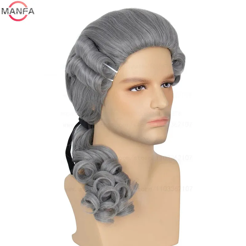 Lawyer Judge Baroque Cosplay Wig Curly Grey White Black Deluxe Historical Long Heat Resistant Synthetic Hair Wigs + Wig Cap