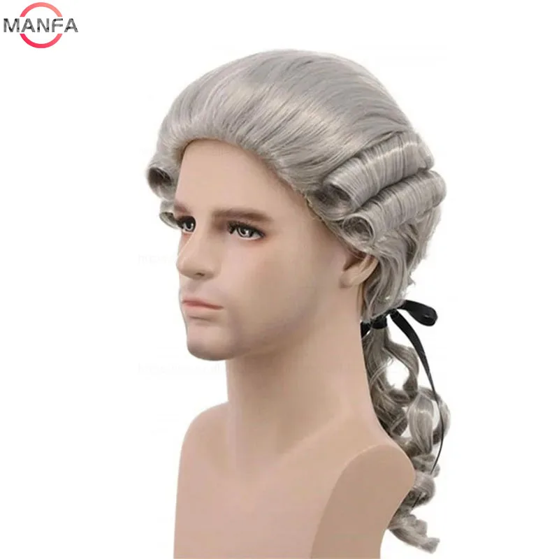 Lawyer Judge Baroque Cosplay Wig Curly Grey White Black Deluxe Historical Long Heat Resistant Synthetic Hair Wigs + Wig Cap