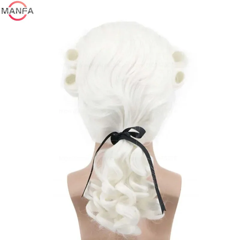 Lawyer Judge Baroque Cosplay Wig Curly Grey White Black Deluxe Historical Long Heat Resistant Synthetic Hair Wigs + Wig Cap