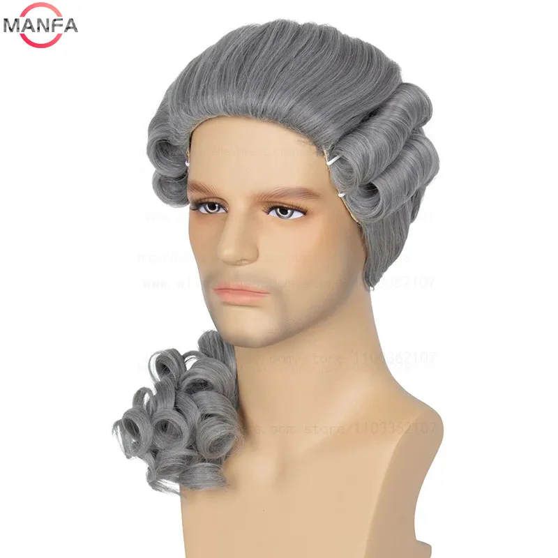 Lawyer Judge Baroque Cosplay Wig Curly Grey White Black Deluxe Historical Long Heat Resistant Synthetic Hair Wigs + Wig Cap