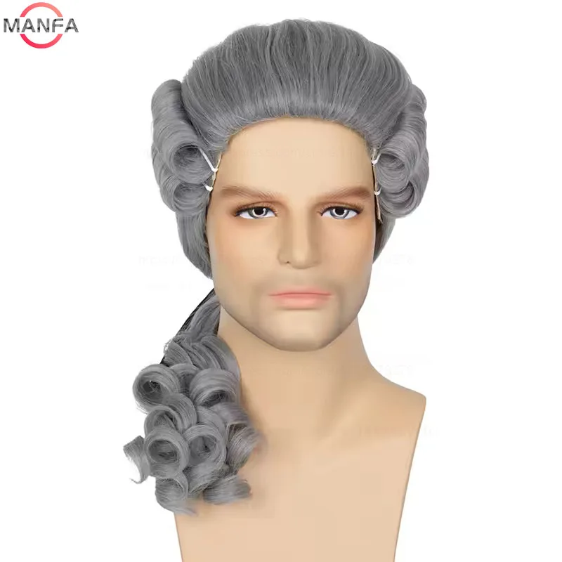 Lawyer Judge Baroque Cosplay Wig Curly Grey White Black Deluxe Historical Long Heat Resistant Synthetic Hair Wigs + Wig Cap
