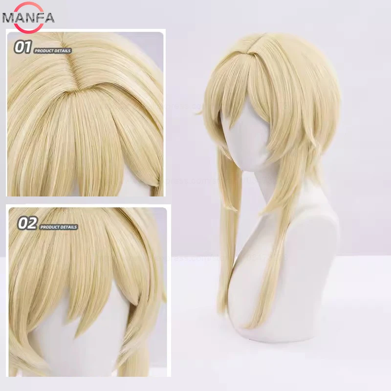 In Sstock Traveller Lumine Cosplay Wig Mid Long Blonde Heat Resistant Synthetic Hair Game Anime Genshin Cosplay Wigs + WigCap