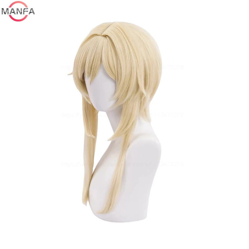 In Sstock Traveller Lumine Cosplay Wig Mid Long Blonde Heat Resistant Synthetic Hair Game Anime Genshin Cosplay Wigs + WigCap