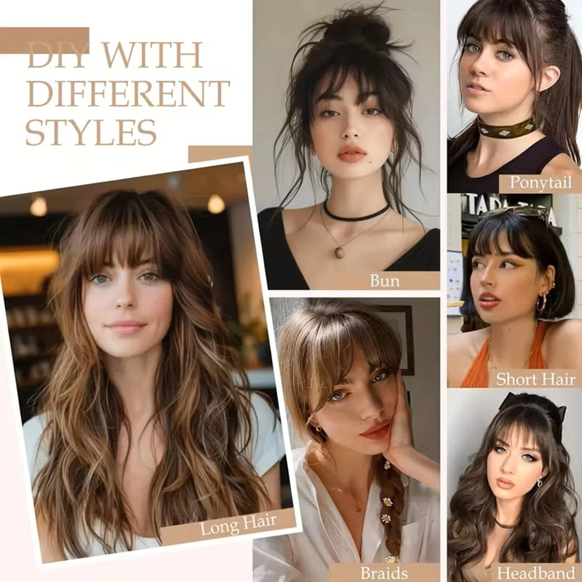 100% Human Hair Bangs Natural Brown Wispy Bang Hair Clip in Bangs Fringe with Temples Hairpiece for Women Clip on Air Bang 4.5in
