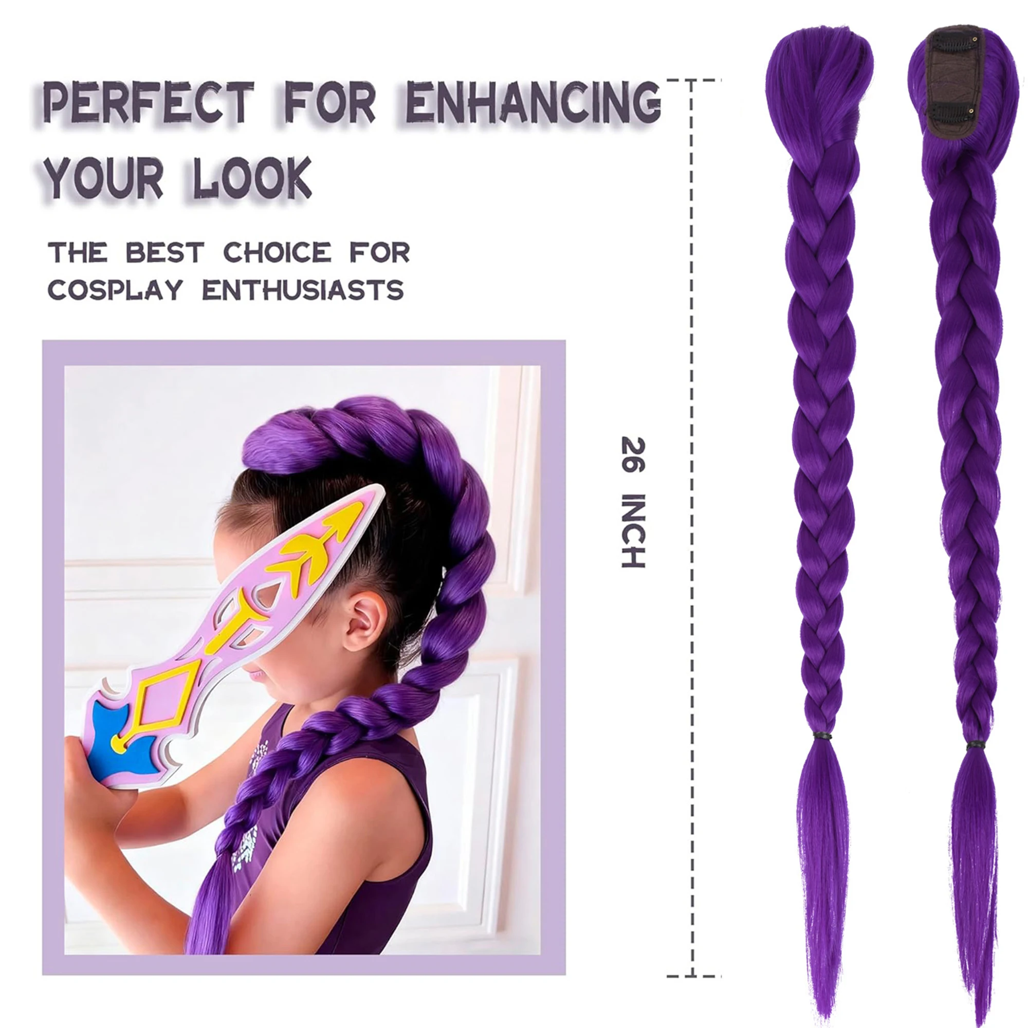 Rumi Purple Braids Cosplay Hair Extensions 26Inch Synthetic Braiding Hair Easy Clip in Ponytail for Cosplay Halloween Costume