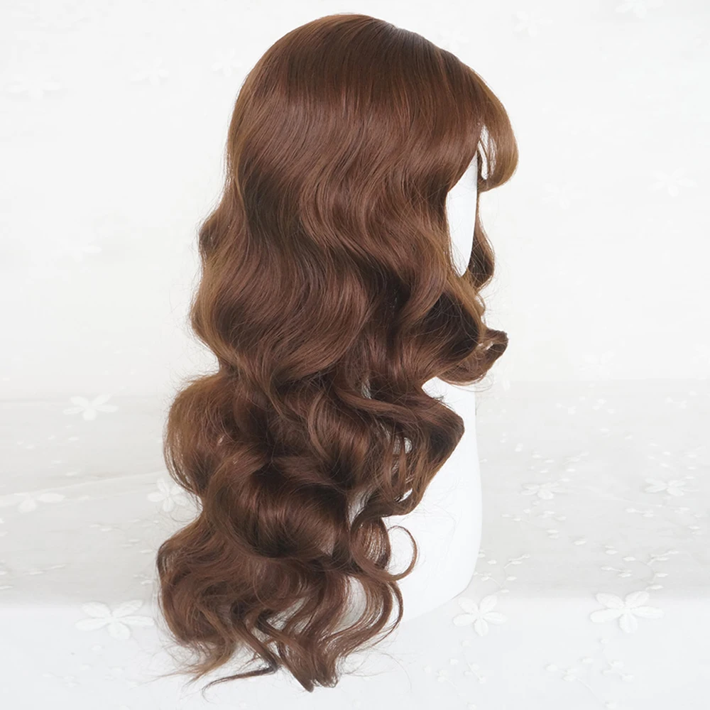 Long Wavy Brown Wig with Bangs Synthetic Women Lolita Cosplay Fluffy Natural Heat Resistant Hair Wig for Daily Party