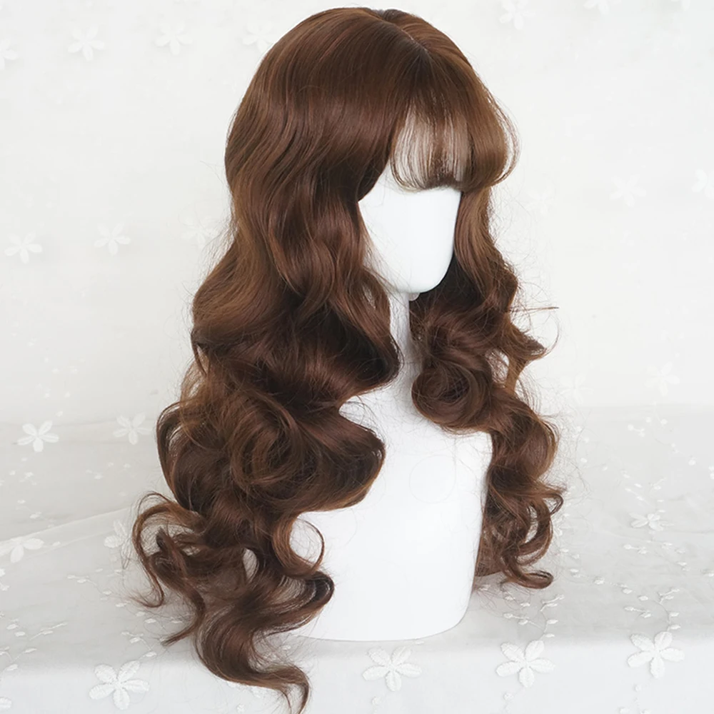Long Wavy Brown Wig with Bangs Synthetic Women Lolita Cosplay Fluffy Natural Heat Resistant Hair Wig for Daily Party