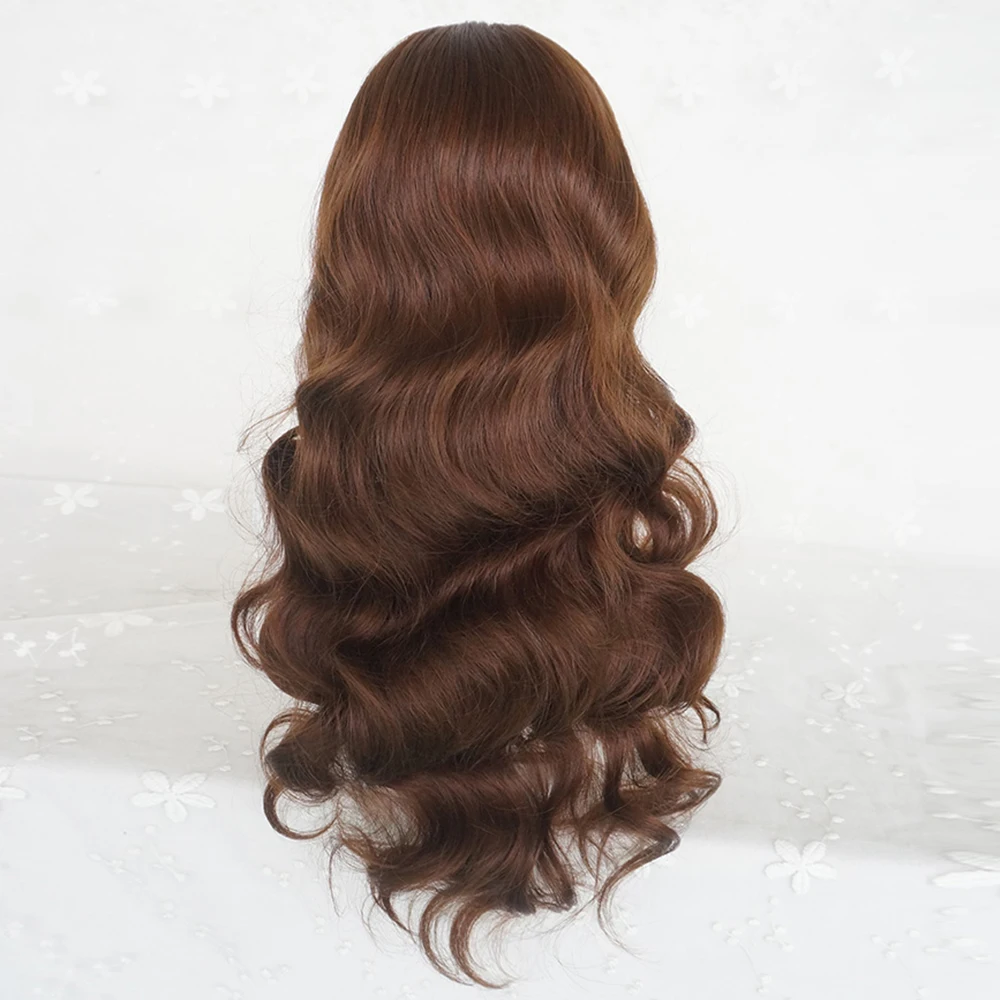 Long Wavy Brown Wig with Bangs Synthetic Women Lolita Cosplay Fluffy Natural Heat Resistant Hair Wig for Daily Party
