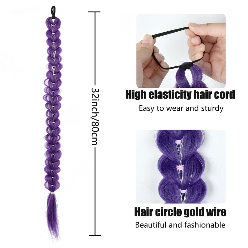 Purple Kpop Witch Hunting Group Cosplay Anime Wig With the Same Headband Golden Thread Ponytail Wig Braid