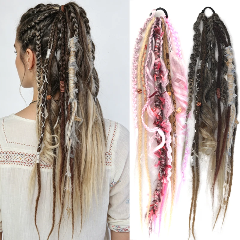 24 Inch Synthetic Boho Dread Ponytail Clip In Viking Braid With Shell Charm Beads Hair Extensions For Women
