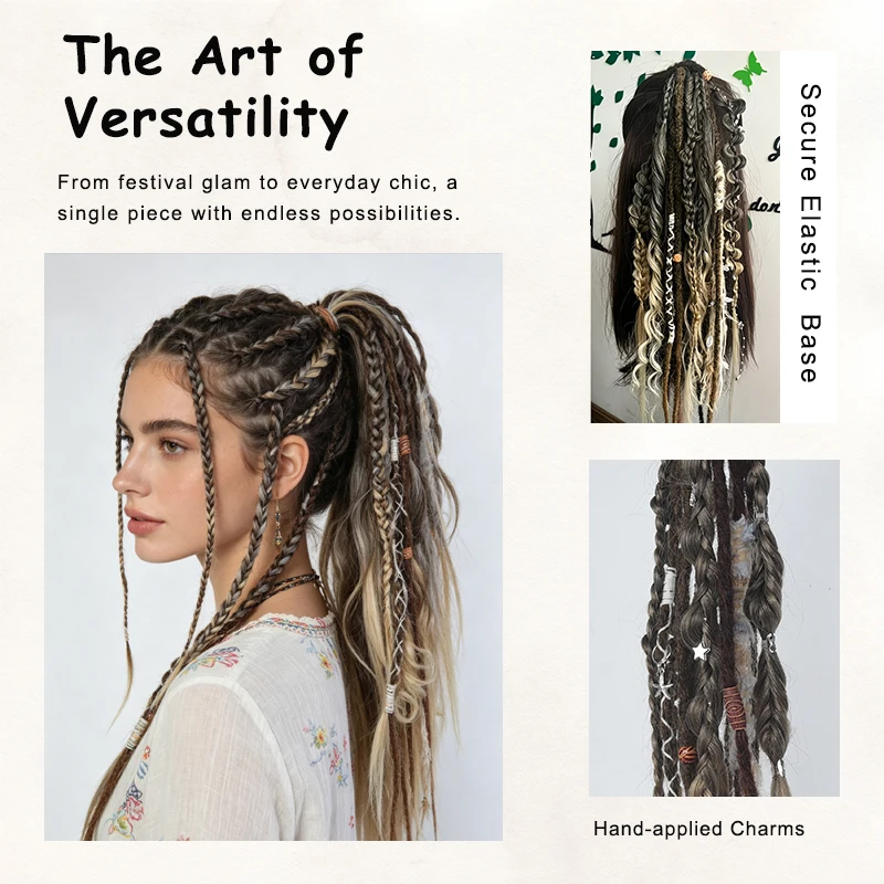 24 Inch Synthetic Boho Dread Ponytail Clip In Viking Braid With Shell Charm Beads Hair Extensions For Women