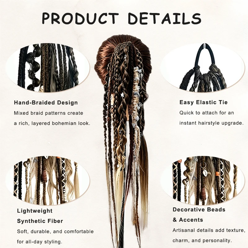 24 Inch Synthetic Boho Dread Ponytail Clip In Viking Braid With Shell Charm Beads Hair Extensions For Women