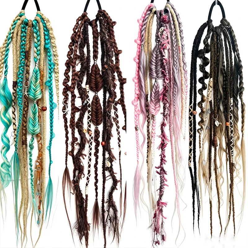 24 Inch Synthetic Boho Dread Ponytail Clip In Viking Braid With Shell Charm Beads Hair Extensions For Women