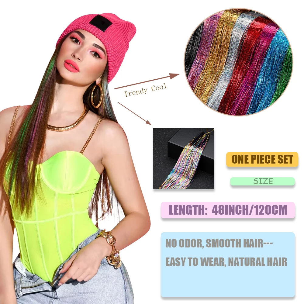 48inch Shiny Sparkle Hair Tinsel Kit Rainbow Women Colorful Glitter Bling Hair Extension Twinkle Hair Dazzles Accessories for