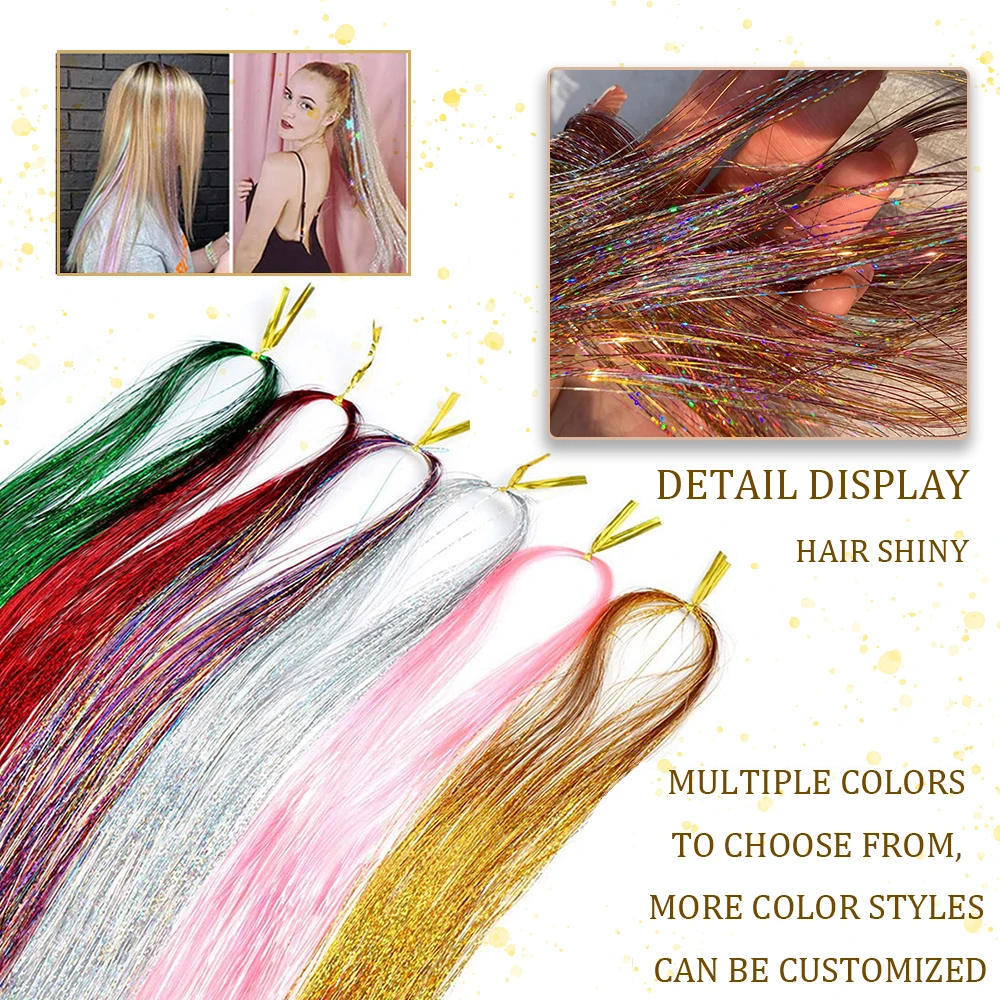 48inch Shiny Sparkle Hair Tinsel Kit Rainbow Women Colorful Glitter Bling Hair Extension Twinkle Hair Dazzles Accessories for