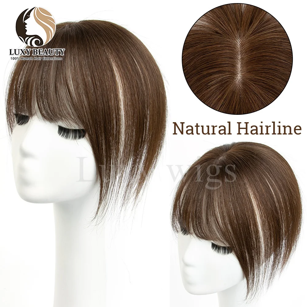 Human Hair Topper With Bangs Women 5x9cm Natural Black Brown Highlights Blonde Skin Scalp Clip in Topper Hair Pieces Human Hair