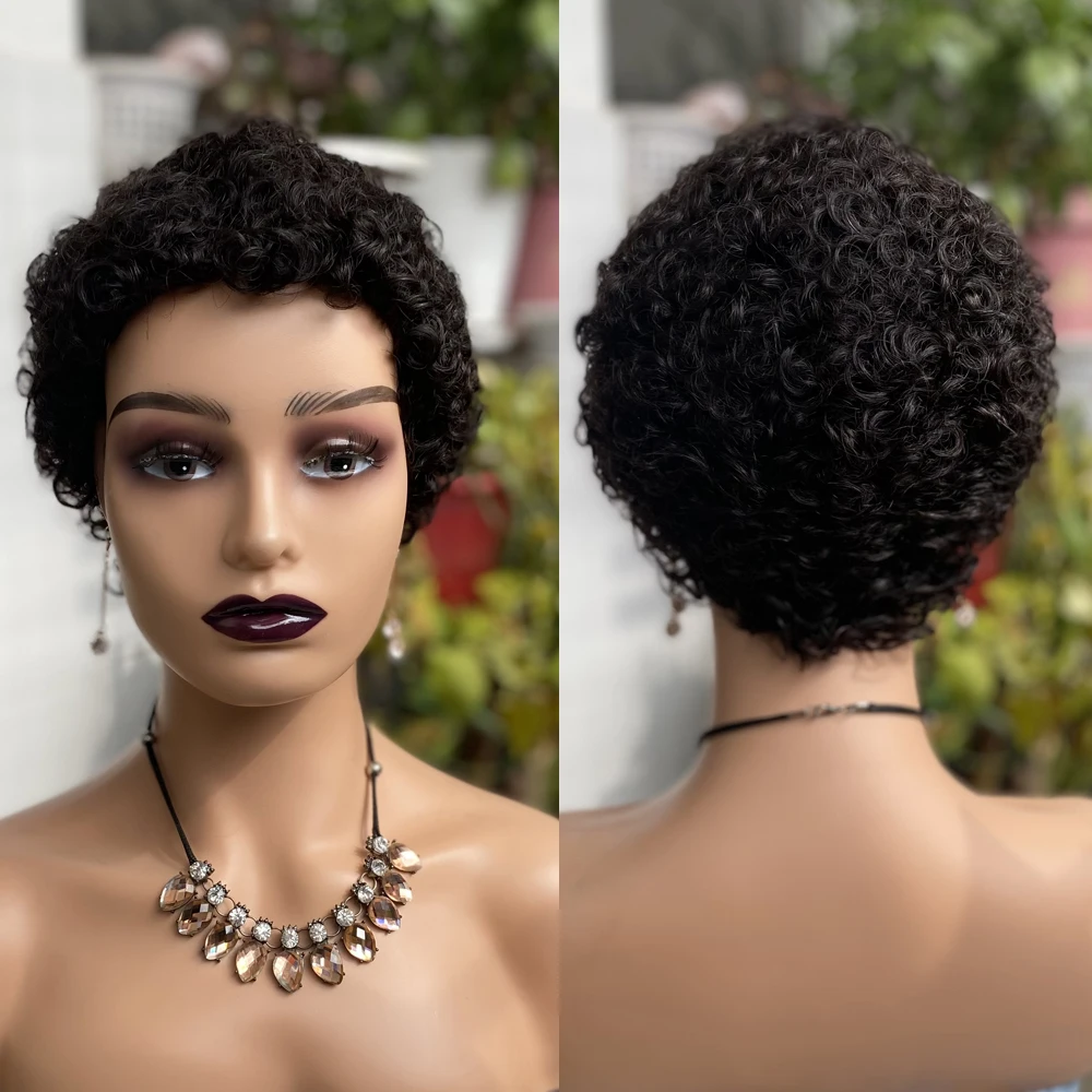 Short Pixie Cut Curly Wigs Human Hair Brazilian Human Hair Machine Wigs For Black Women Natural Black Curly Human Hair Wigs