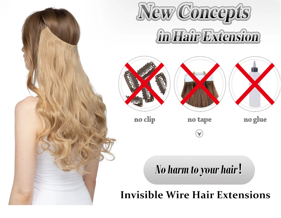 Synthetic No Clip Wave Hair Extensions Ombre Natural Black Blonde Pink One Piece False Hairpiece Fish Line Fake Hair Piece